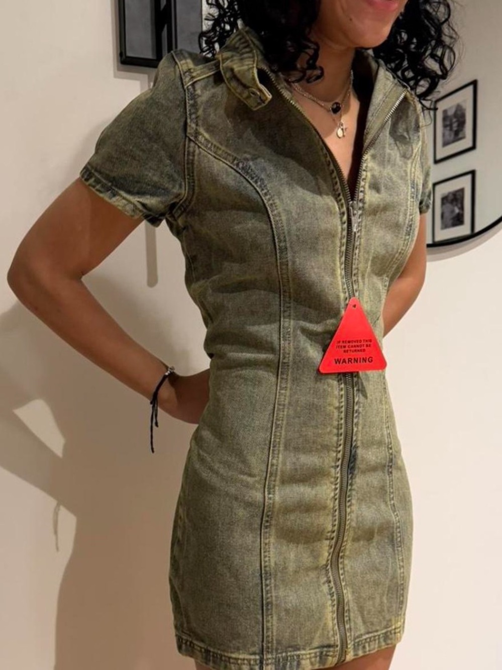 EGO Olive Green Zip-Front Denim Mini Dress - Picture 3 of 3